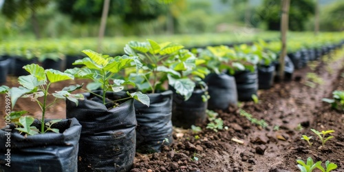 young plants growing from black bags in row photo