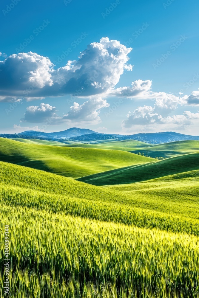 Obraz premium A stunning view of lush green hills and vibrant fields under a clear blue sky, showcasing the beauty of nature and tranquility of rural landscapes. Perfect for inspiration.