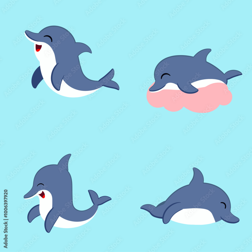 Fototapeta premium Adorable illustrated dolphins in various playful and resting poses on a bright, sky-blue background.