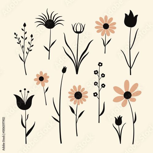 Stylized silhouettes of various flowers with orange accents on a light background.