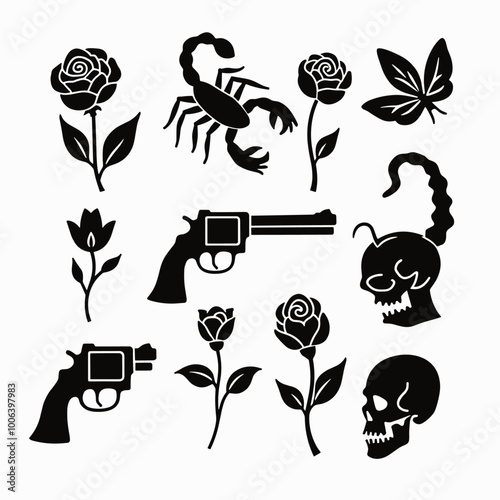 A black and white tattoo design featuring roses, scorpions, guns, and skulls.