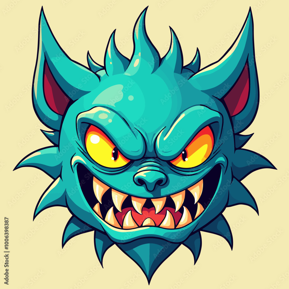Illustration of a menacing cartoon cat with sharp teeth, large pointed ears, and glowing yellow eyes. Illustration of a menacing cartoon cat with sharp teeth, large pointed ears, and glowing yellow eyes.