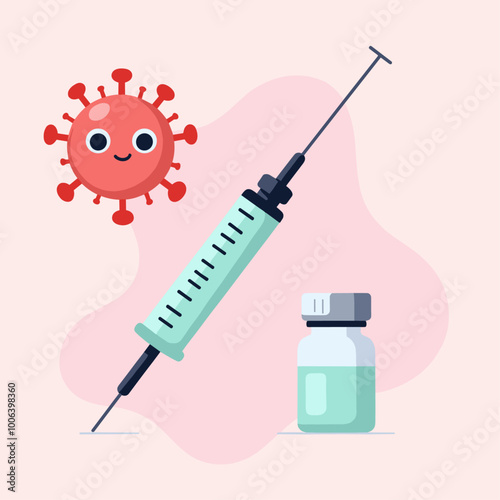 Colorful illustration of a syringe, vaccine vial, and a virus character with a happy face.