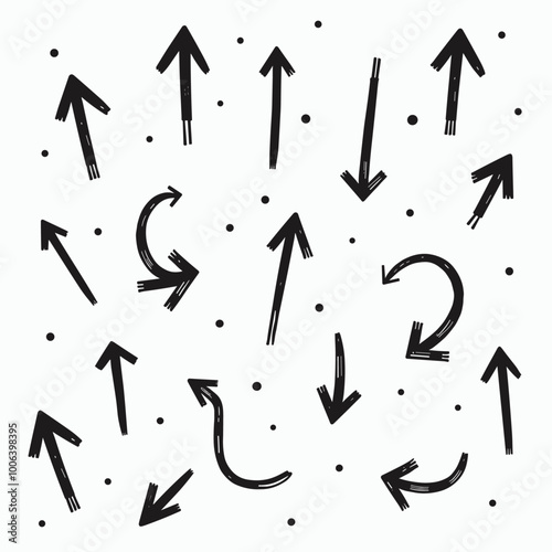 Black arrows in various directions with scattered dots on a white background.