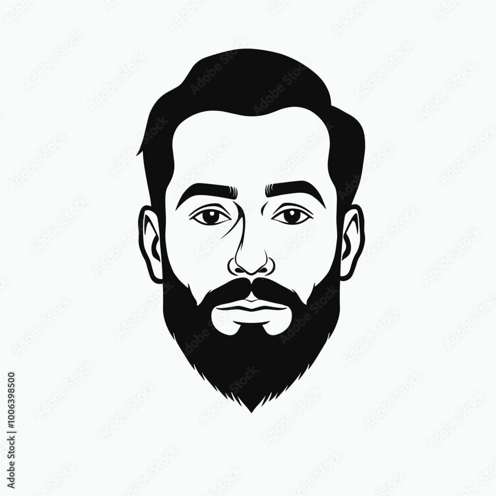 Black and white illustration of a bearded man with short hair and serious expression. Black and white illustration of a bearded man with short hair and serious expression.