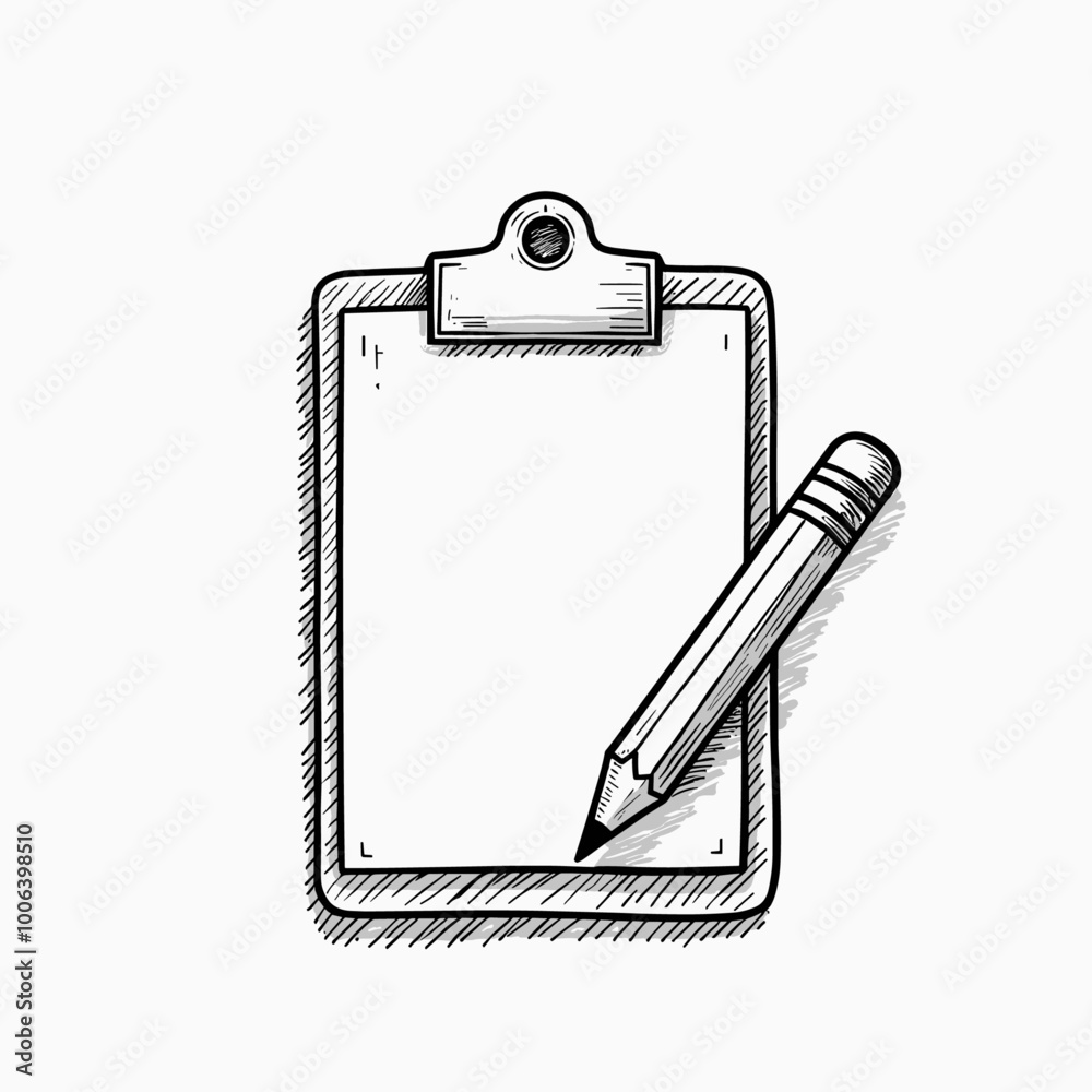 Black and white illustration of a clipboard with a pencil sketch Black and white illustration of a clipboard with a pencil sketch