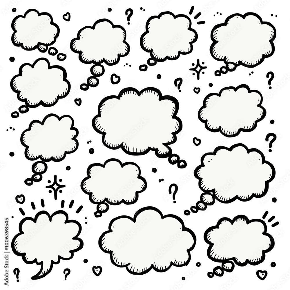 A collection of blank thought bubbles and question marks drawn in a comic-style black and white illustration. A collection of blank thought bubbles and question marks drawn in a comic-style black and white illustration.