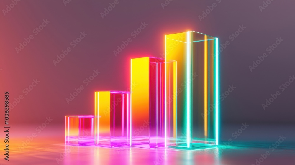 A bar chart made of glowing, floating cubes, with one bar highlighted in bright colors standing above the rest, performance comparison in benchmarking A bar chart made of glowing, floating cubes, with one bar highlighted in bright colors standing above the rest, performance comparison in benchmarking