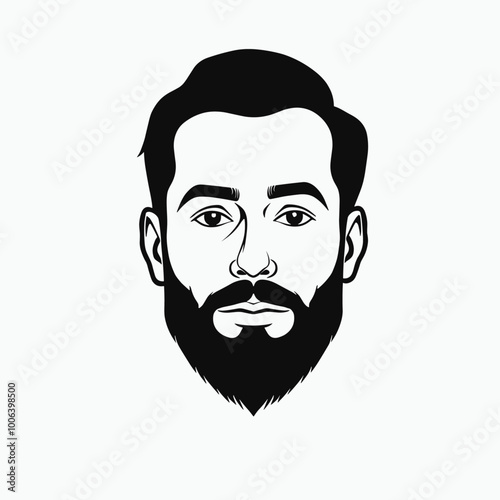 Black and white illustration of a bearded man with short hair and serious expression.