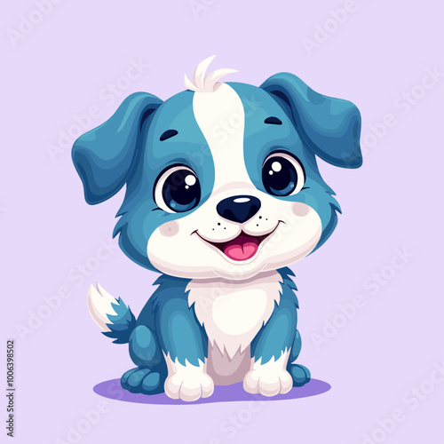 Adorable cartoon puppy with blue and white fur sitting happily on a light purple background.