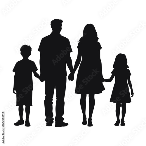 Silhouette of a family of four holding hands, depicting unity and togetherness.