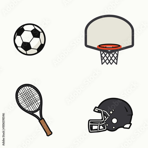 Illustration of sports equipment including a soccer ball, basketball hoop, tennis racket, and football helmet.