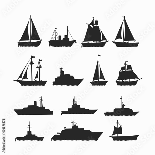 Silhouettes of various ships and boats, showcasing a diverse array of maritime vessels against a white background.