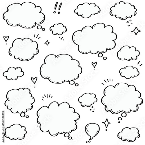 Hand-drawn sketch of various speech bubbles and thought clouds in black and white.