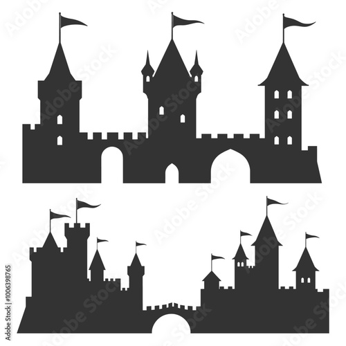 Silhouettes of medieval castles with towers and flags on a white background.