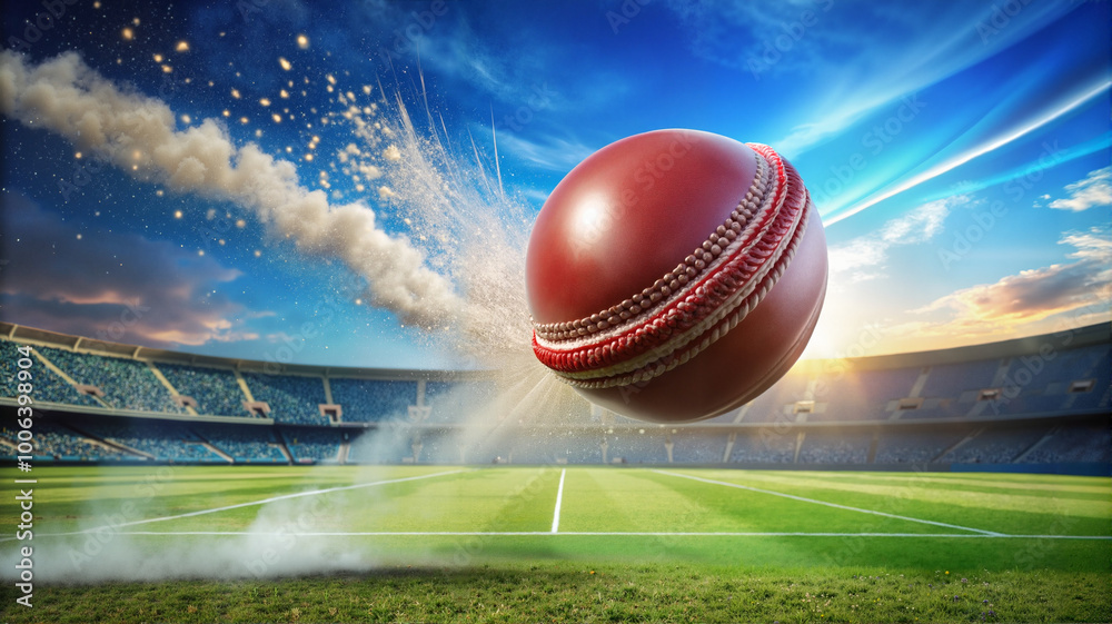 Cricket ball flying over stadium with speed trail Cricket ball flying over stadium with speed trail