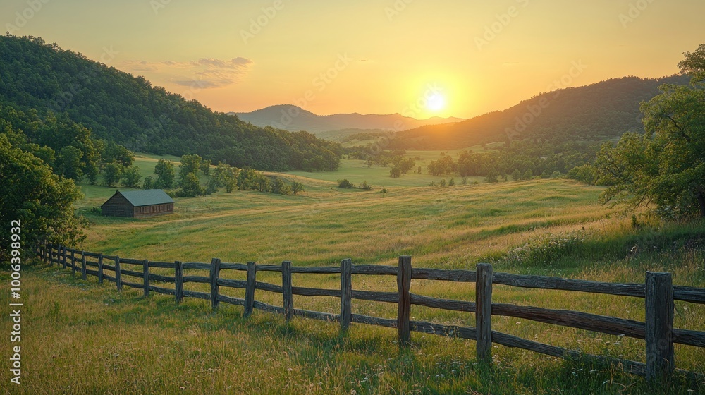 Sunset over a green field with a small wooden cabin and a fence Sunset over a green field with a small wooden cabin and a fence