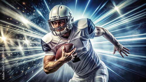  American football player running with ball in dramatic lighting