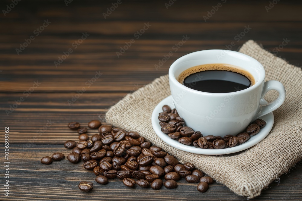 Coffee cup with beans on wooden table Coffee cup with beans on wooden table