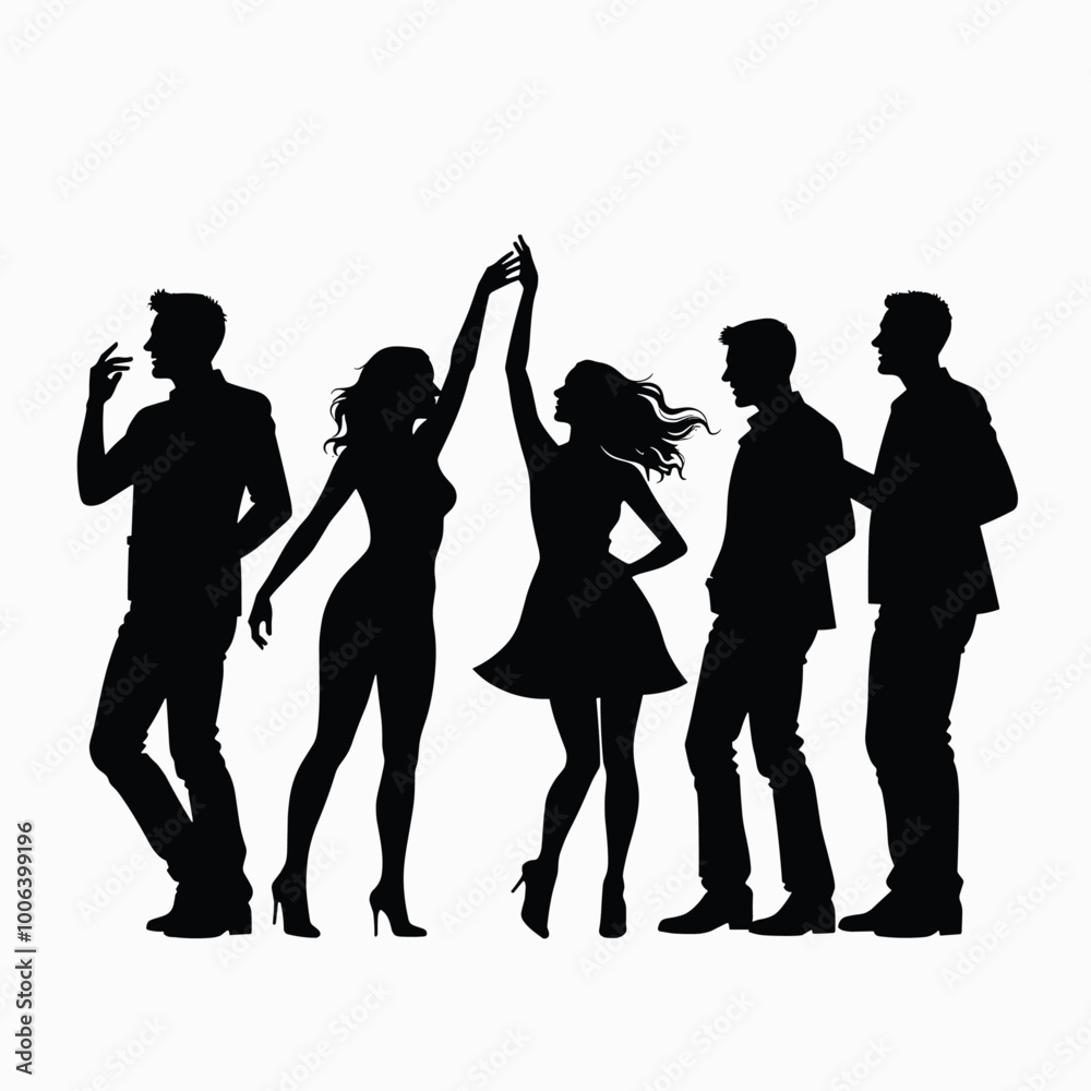 Silhouetted group of young adults dancing and interacting joyfully.