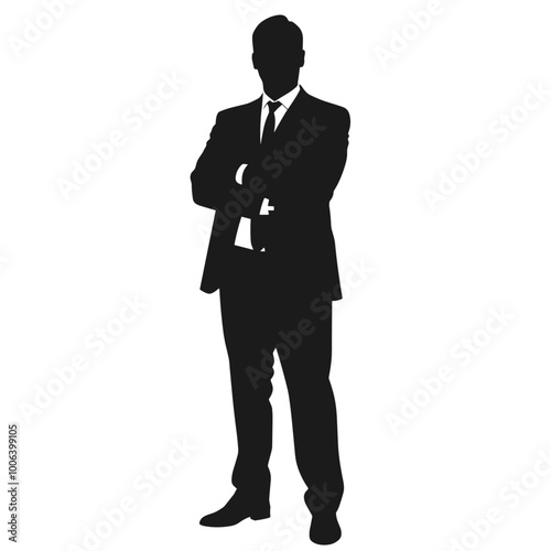 Silhouette of a confident man standing with arms crossed in a formal suit on an isolated white background.