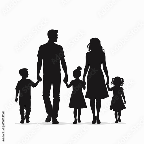 Silhouette of a family of five walking together hand in hand against a white background.