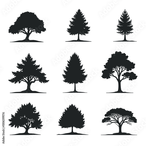 Black silhouettes of various tree types against a white background, showcasing diverse shapes and foliage patterns.