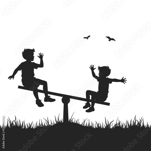 Silhouette of two boys playfully balancing on a seesaw in a park, birds flying in the sky.