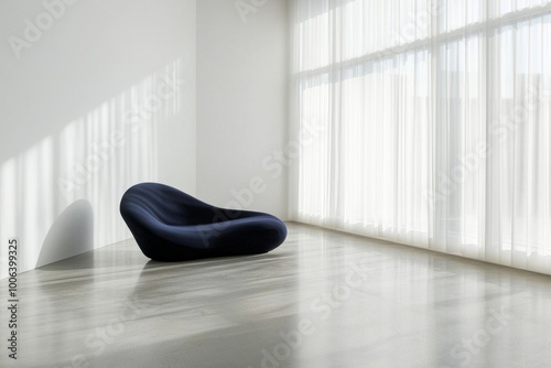 An all-white room with a polished concrete floor and a single, navy-blue sofa inside the room, window with sheer curtains. 