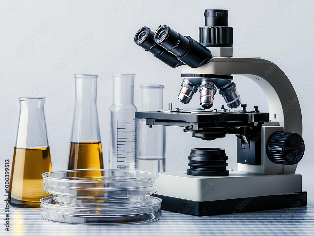 Modern laboratory environment featuring microscope, glass beakers, and petri dishes, showcasing scientific research and experimentation. setup reflects precision and innovation in clean space Modern laboratory environment featuring microscope, glass beakers, and petri dishes, showcasing scientific research and experimentation. setup reflects precision and innovation in clean space