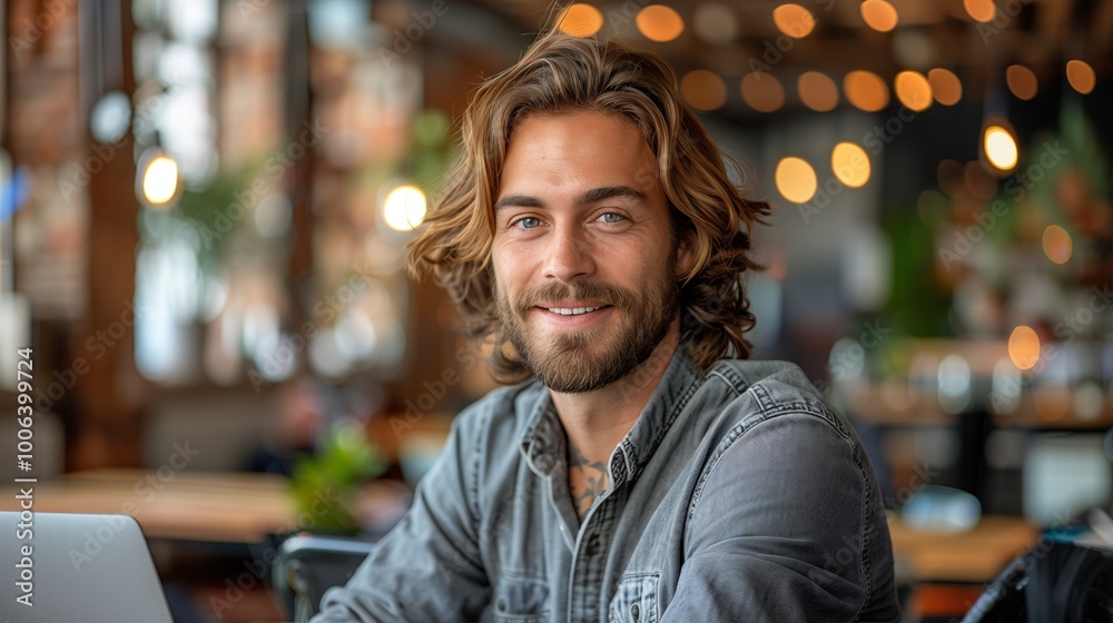 Obraz premium Man with long hair and beard working on laptop in cozy cafe
