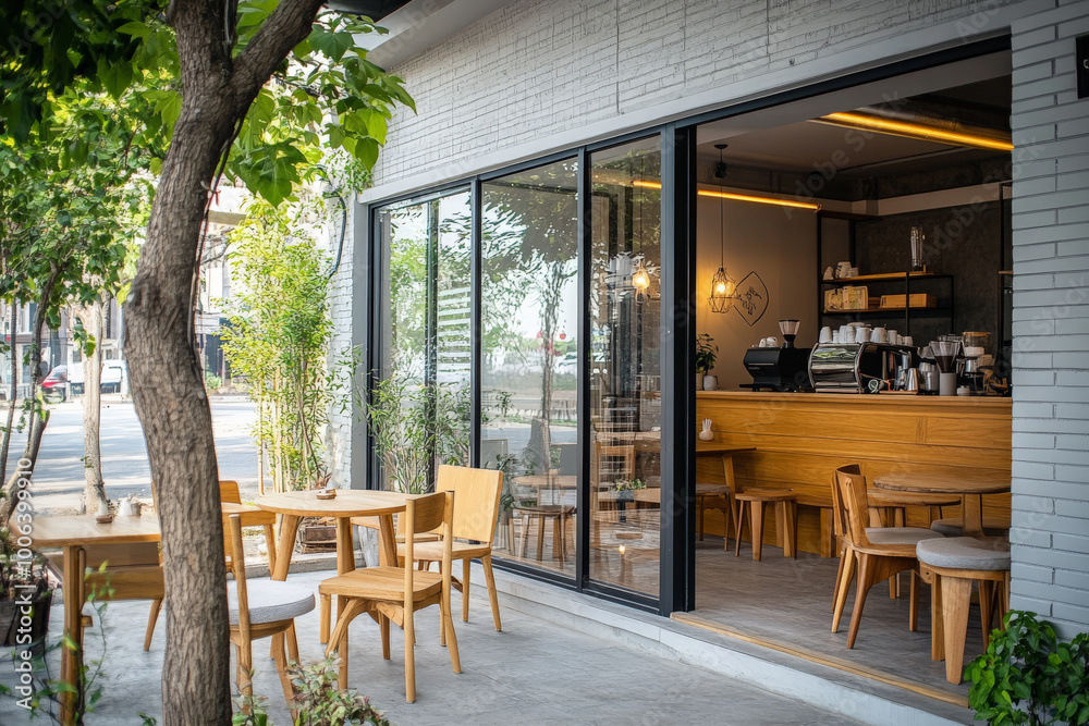 Fototapeta premium A minimalist coffee shop with a chic industrial design features a bright, airy interior. The outdoor seating area, complete with stylish furniture and warm lighting, creates a cozy atmosphere for