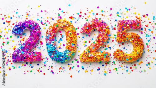 The year 2025 made from colorful confetti, scattered loosely across a white background, with each number defined by the bright particles.