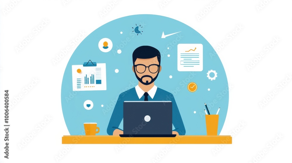 A business owner sits at a desk, typing out a detailed business plan and setting future goals on a laptop., flat design illustration A business owner sits at a desk, typing out a detailed business plan and setting future goals on a laptop., flat design illustration