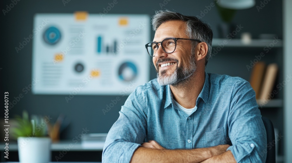 A businessman sits at his desk, looking at a vision board filled with ...