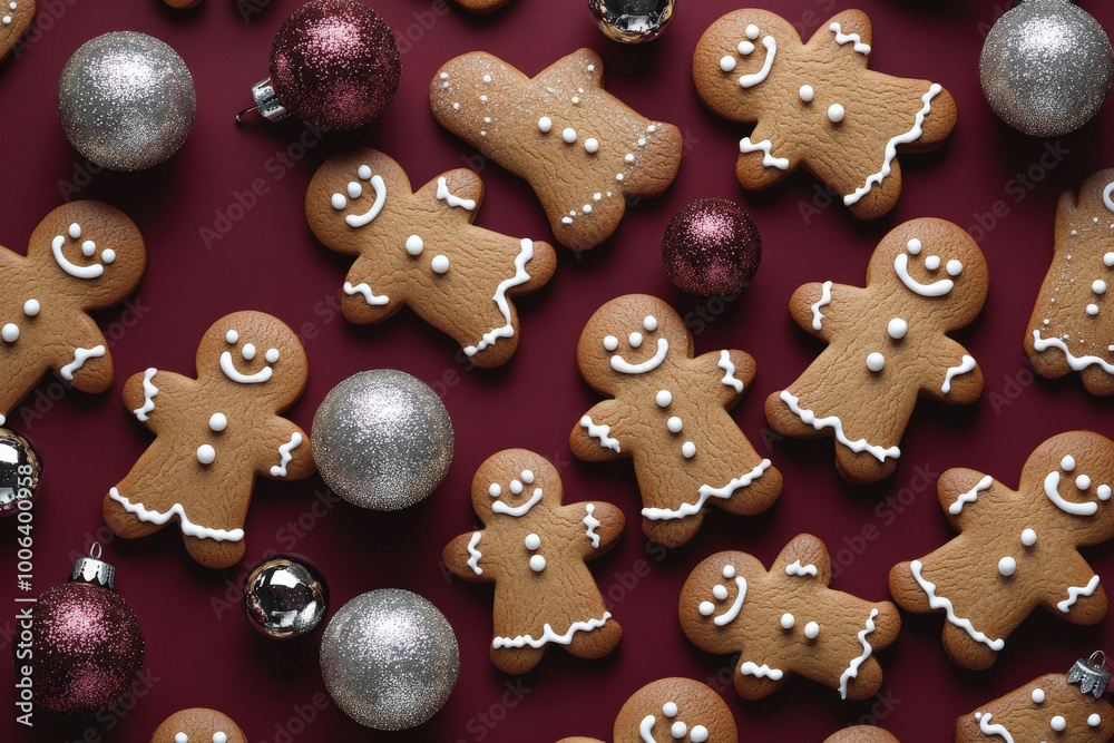Capture an overhead perspective of gingerbread men cookies artfully arranged on a deep burgundy background, interspersed with shimmering silver Christmas ornaments. The colors create an elegant and Capture an overhead perspective of gingerbread men cookies artfully arranged on a deep burgundy background, interspersed with shimmering silver Christmas ornaments. The colors create an elegant and