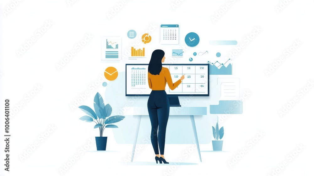 Fototapeta premium A businesswoman is standing in front of a large screen, setting monthly goals using a digital calendar tool in a modern office., flat design illustration