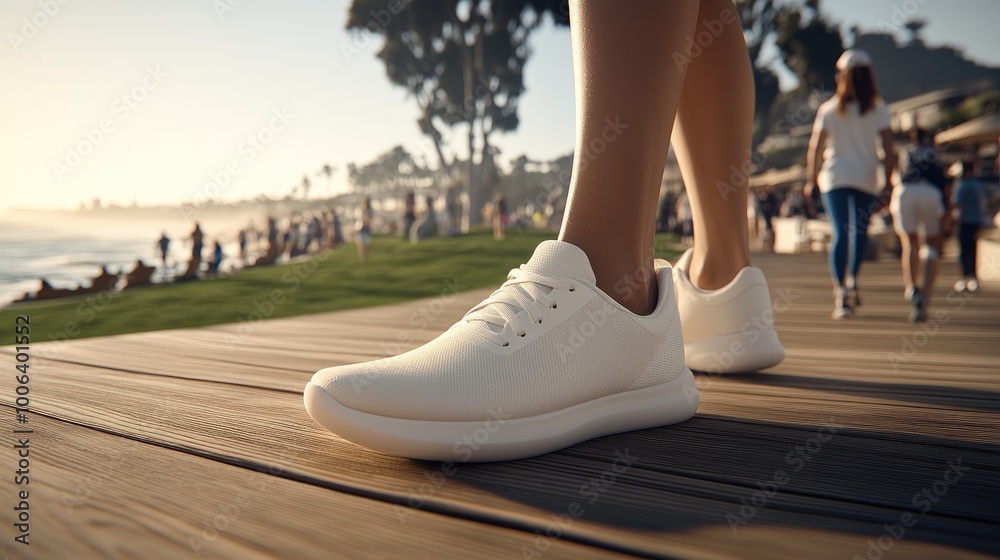 A young female runner strolls along a wooden pier by the sea in the morning light, showcasing her legs in sneakers against a blurred backdrop of nature