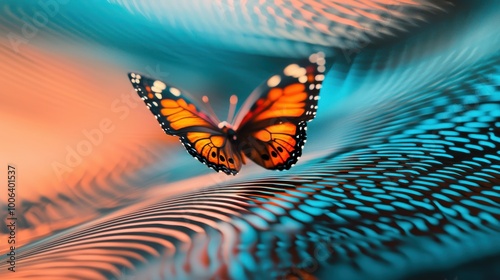A butterfly flapping its wings, sending waves of energy across an abstract landscape, the 