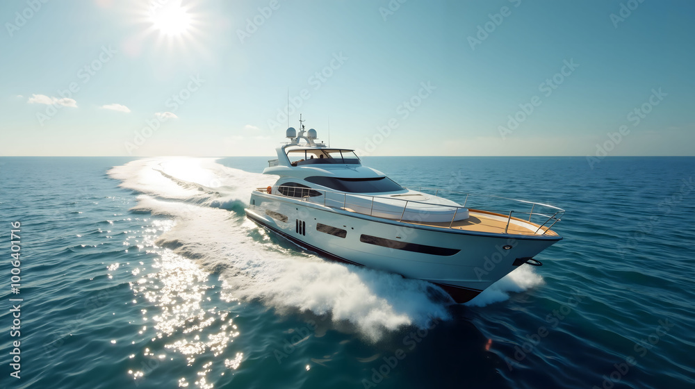 Naklejka premium Speed yacht cutting through waves at sunrise