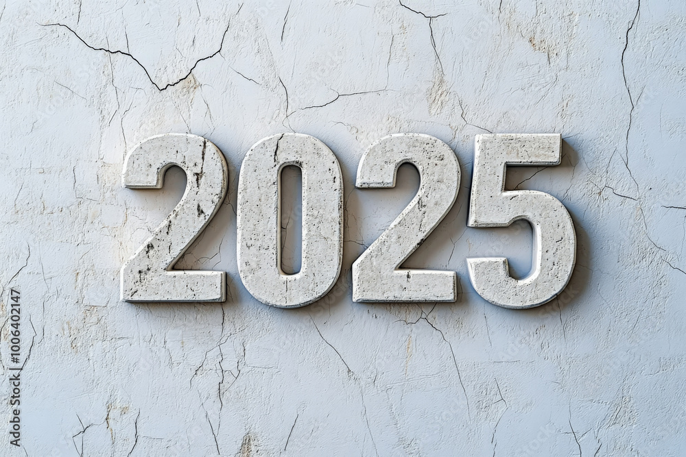 The year 2025 shaped from smooth concrete, sitting on a pristine white background with subtle cracks and texture. The year 2025 shaped from smooth concrete, sitting on a pristine white background with subtle cracks and texture.