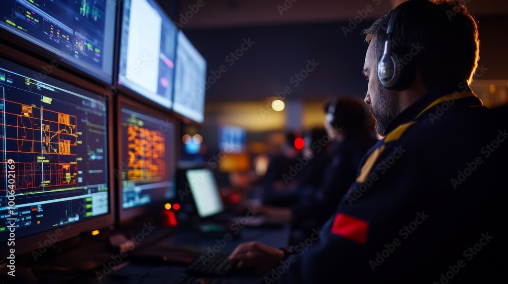 A group of operators attentively works in a dimly lit control room filled with screens. The glow from the monitors illuminates their determined faces, showcasing dedication and collaboration A group of operators attentively works in a dimly lit control room filled with screens. The glow from the monitors illuminates their determined faces, showcasing dedication and collaboration
