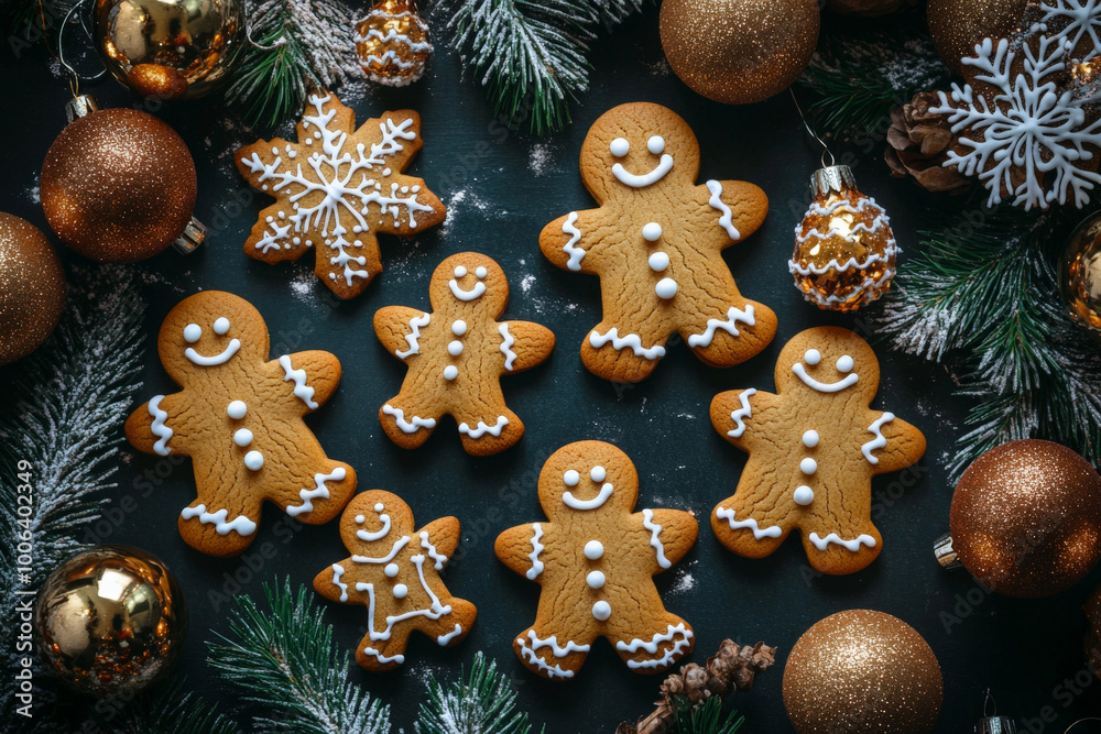 From a bird's-eye view, present a joyful assortment of gingerbread men cookies with detailed icing, laid out on a dark tablecloth, surrounded by sparkling Christmas balls. The festive colors pop From a bird's-eye view, present a joyful assortment of gingerbread men cookies with detailed icing, laid out on a dark tablecloth, surrounded by sparkling Christmas balls. The festive colors pop