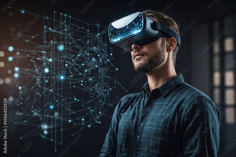 man looking through VR glasses with a technology background of dots and connections