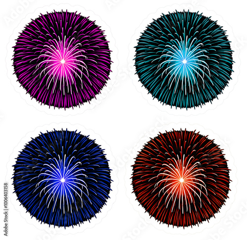 Four fireworks stickers on transparent background