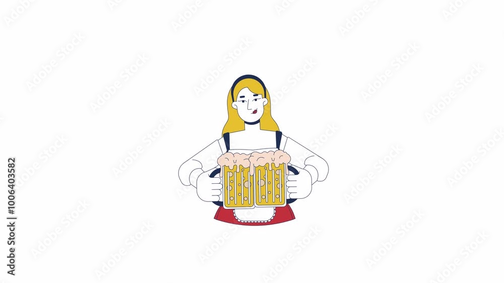 Happy waitress holding large mugs of craft beer 2D character animation. Oktoberfest drinks cartoon 4K video, alpha channel. European female serving beverages animated person on white background
