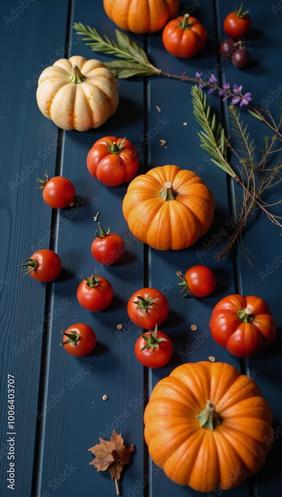 Thanks giving setting featuring pumpkins tomatoes against a dark blue wooden backdrop Thanks giving setting featuring pumpkins tomatoes against a dark blue wooden backdrop