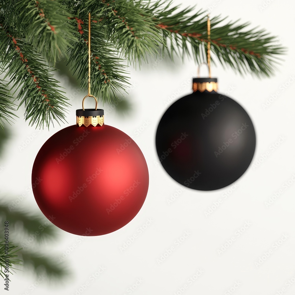 Red and black holiday ornaments hanging from a pine tree branch. Red and black holiday ornaments hanging from a pine tree branch.