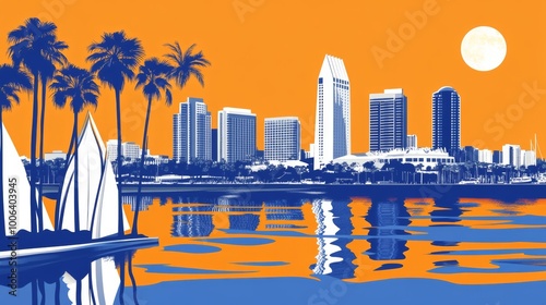 An illustration of San Diego, California, USA that is a Risograph print. This poster is a modern, isolated, clear, and simple representation. This poster is artistic, stylistic, screen printed,