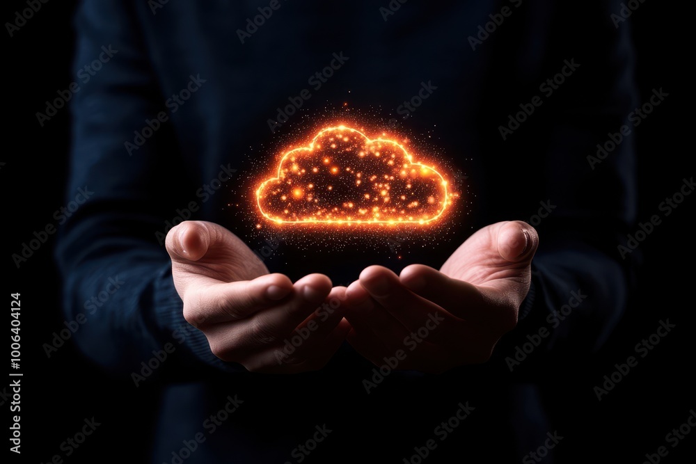 Hands holding glowing cloud symbol Hands holding glowing cloud symbol